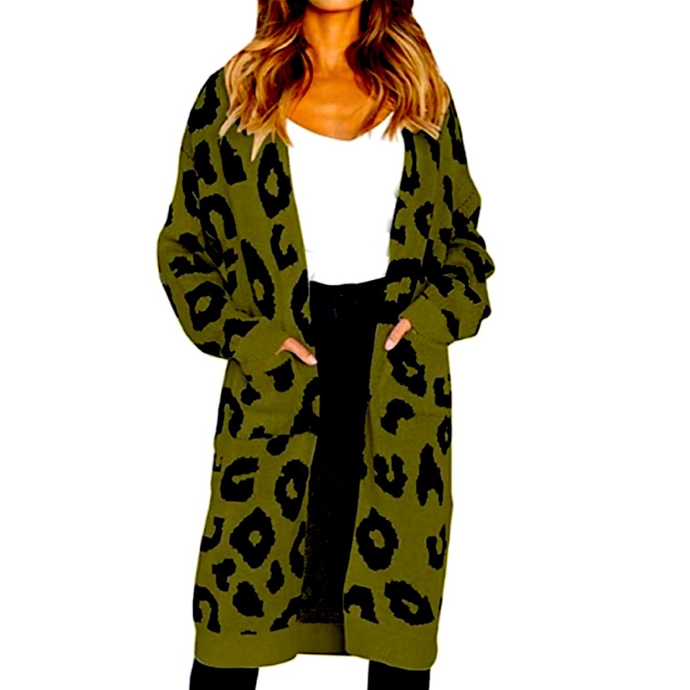 🐆💚Pretty Leopard Print Cozy Knit Sweater Duster - Picture 3 of 16